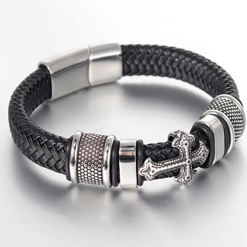 Braided Leather Stainless Steel Cross Bracelet