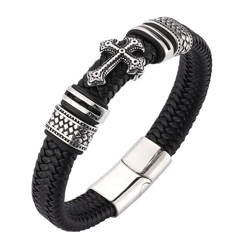 Braided Leather Stainless Steel Cross Bracelet