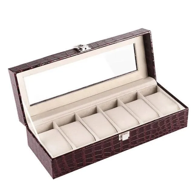 Burgundy Striped Leather Watch and Jewelry Display Storage Box