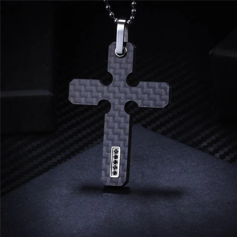 Carbon Fiber Cross Pendant Necklace with Zirconia Crystal Inlay