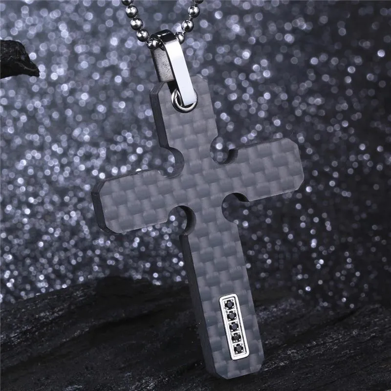 Carbon Fiber Cross Pendant Necklace with Zirconia Crystal Inlay