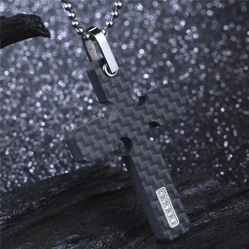 Carbon Fiber Cross Pendant Necklace with Zirconia Crystal Inlay