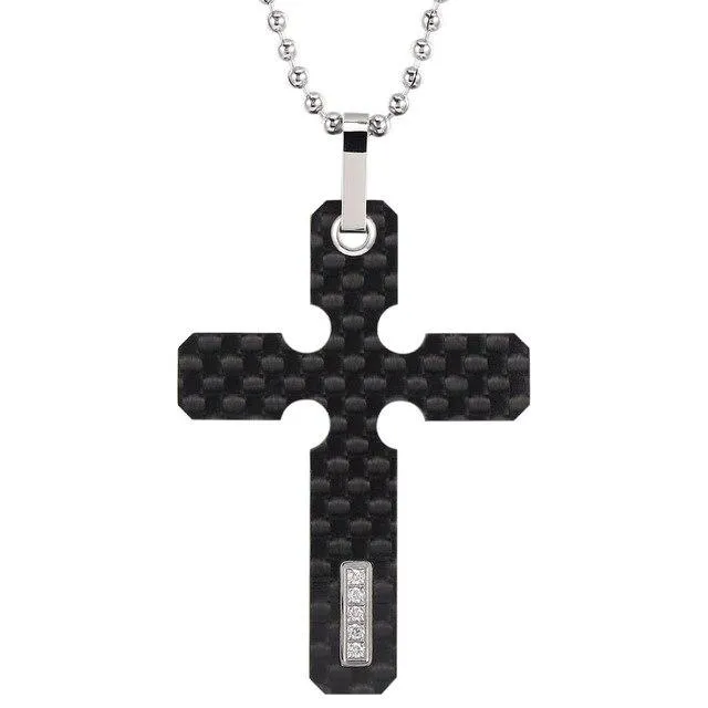 Carbon Fiber Cross Pendant Necklace with Zirconia Crystal Inlay