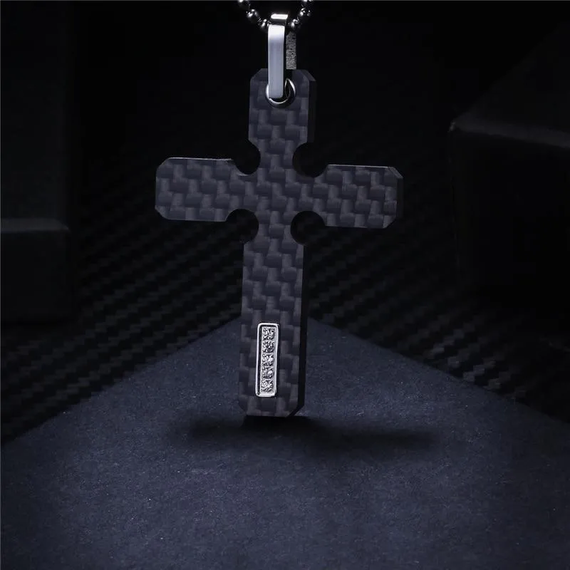 Carbon Fiber Cross Pendant Necklace with Zirconia Crystal Inlay