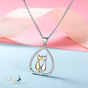 Cat Couple Heart Necklace in Solid 925 Sterling Silver (18K Gold Plated)