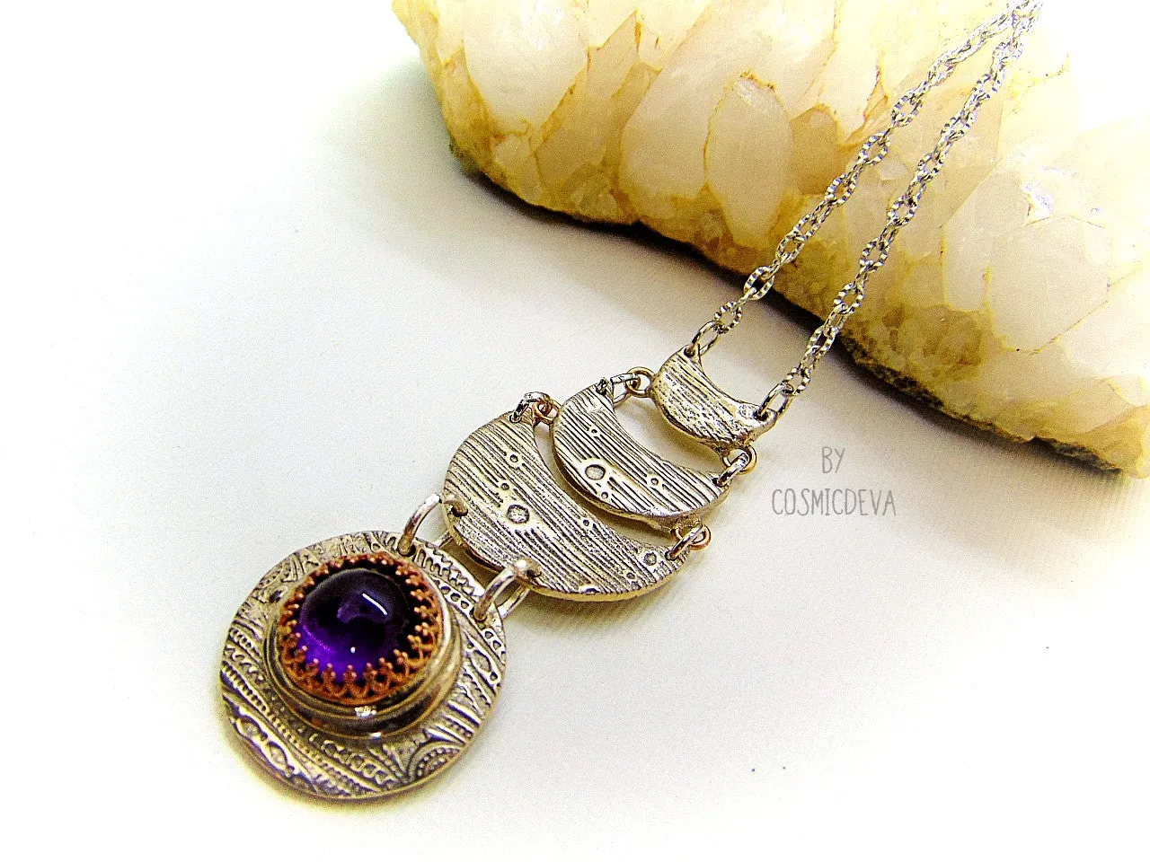 Celestial Silver Moon Necklace With Amethyst, Silver Bronze Necklace