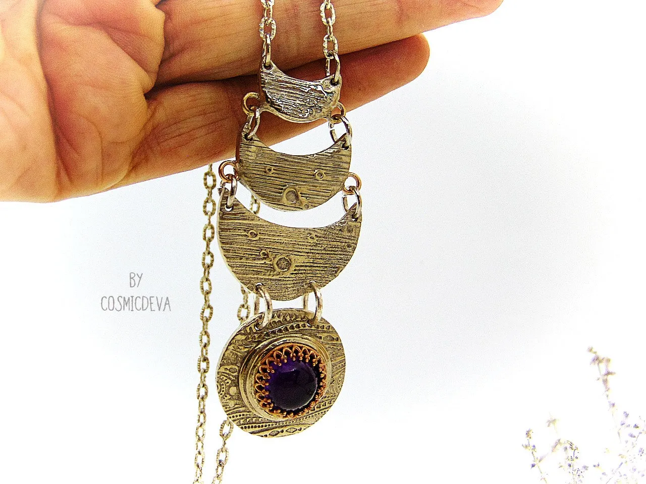 Celestial Silver Moon Necklace With Amethyst, Silver Bronze Necklace