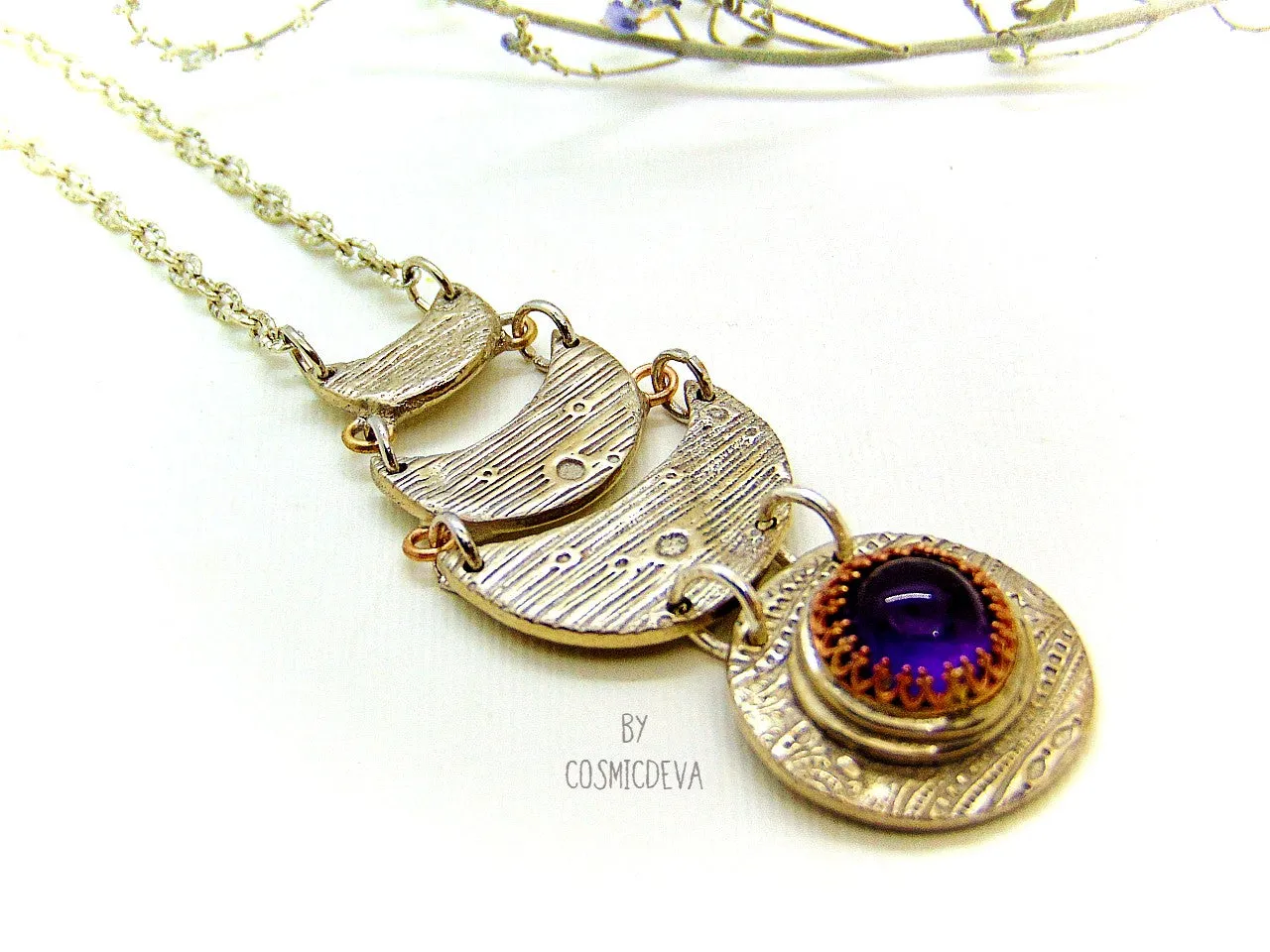 Celestial Silver Moon Necklace With Amethyst, Silver Bronze Necklace