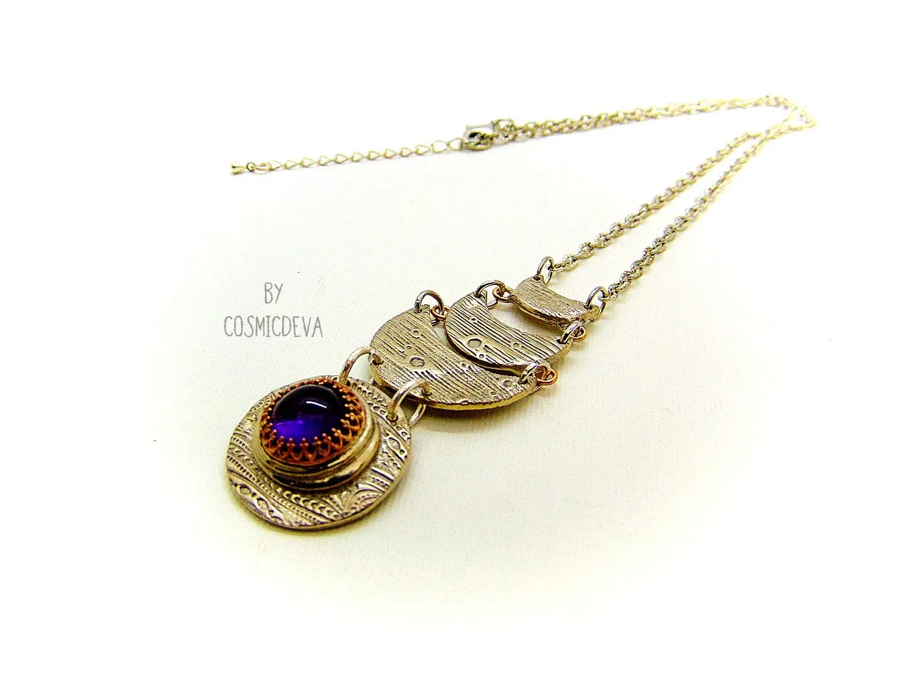 Celestial Silver Moon Necklace With Amethyst, Silver Bronze Necklace