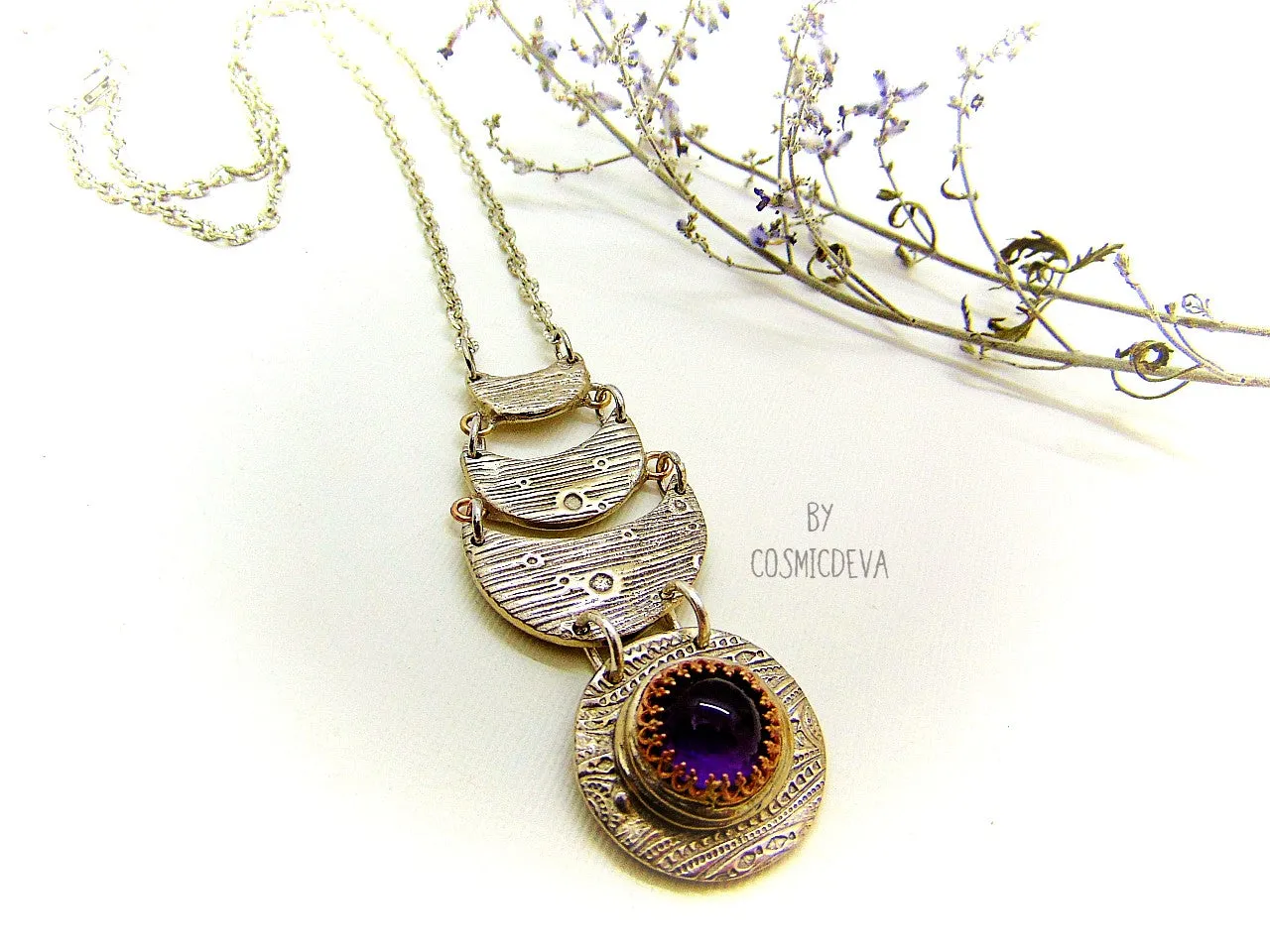 Celestial Silver Moon Necklace With Amethyst, Silver Bronze Necklace