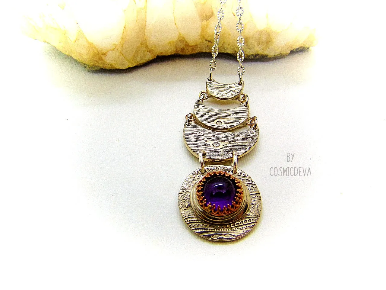 Celestial Silver Moon Necklace With Amethyst, Silver Bronze Necklace