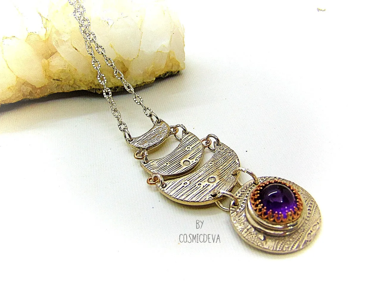 Celestial Silver Moon Necklace With Amethyst, Silver Bronze Necklace