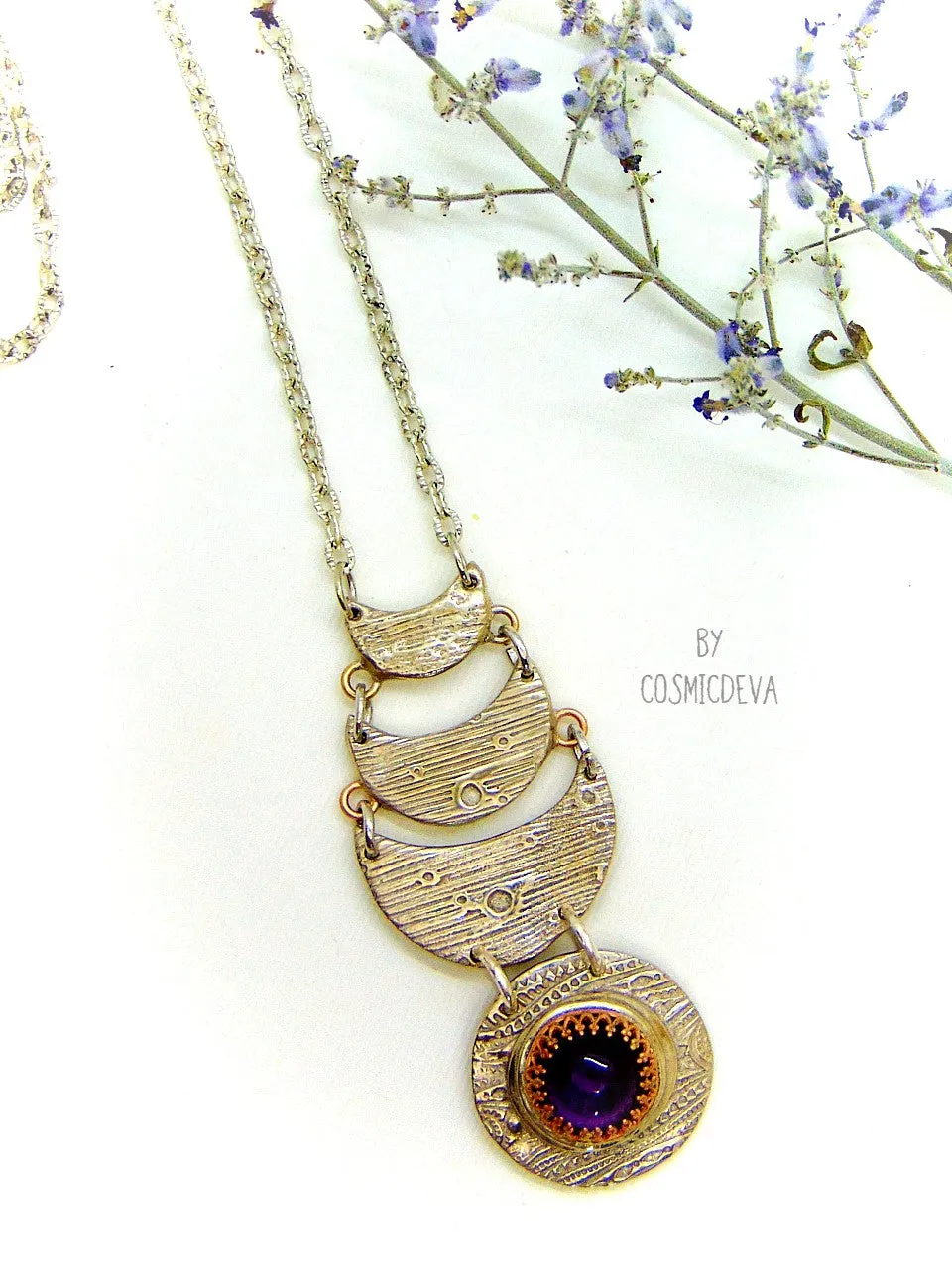 Celestial Silver Moon Necklace With Amethyst, Silver Bronze Necklace