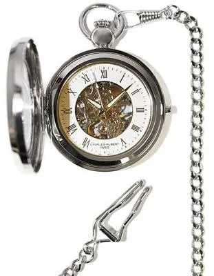 Charles-Hubert Mechanical Memento Pocket Watch - Skeleton Dial - Chrome Finish