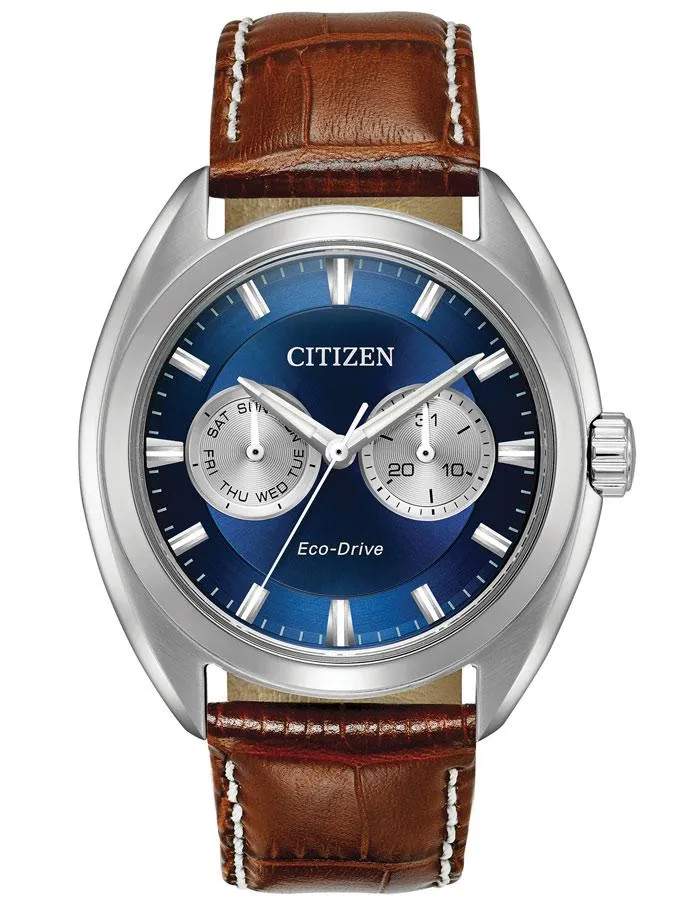 Citizen Mens Eco-Drive Watch - Brown Strap - Stainless - Blue Dial - Day/Date