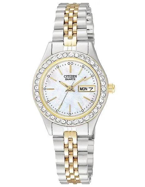 Citizen Quartz Two-Tone Crystal Ladies Watch - MOP Dial with Day/Date Display