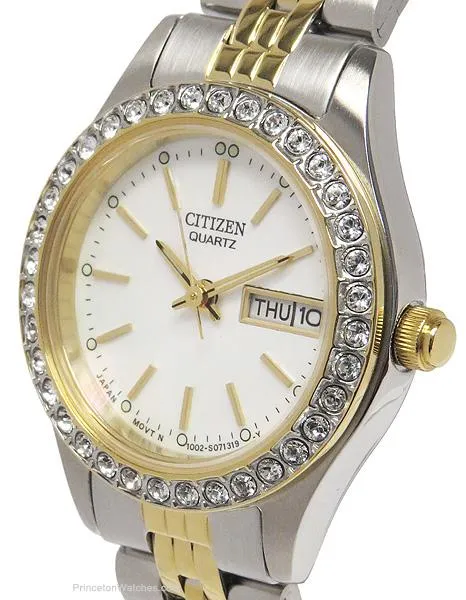 Citizen Quartz Two-Tone Crystal Ladies Watch - MOP Dial with Day/Date Display