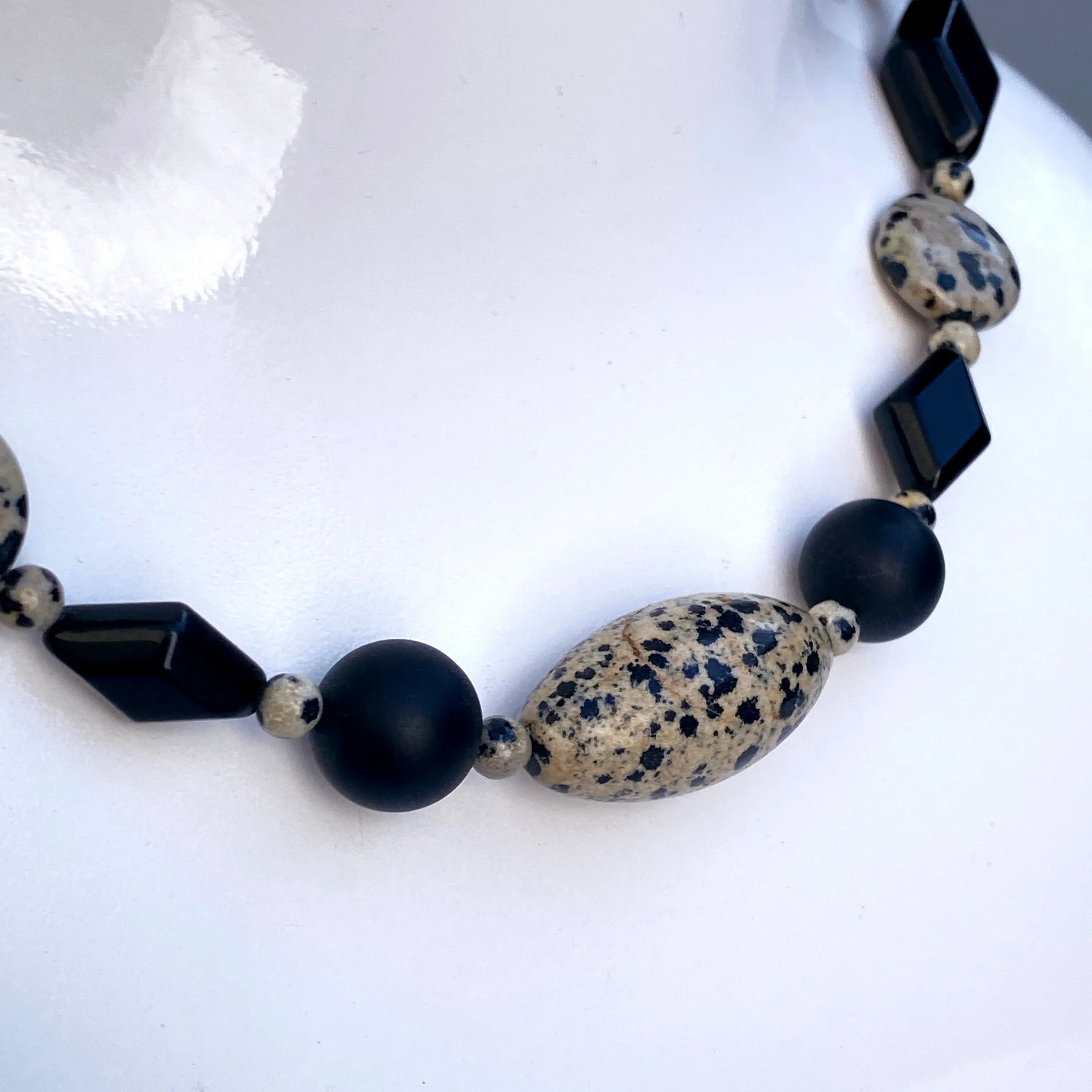 Dalmatian Jasper gemstone, Onyx, and Oxidized Sterling Silver Men’s Necklace