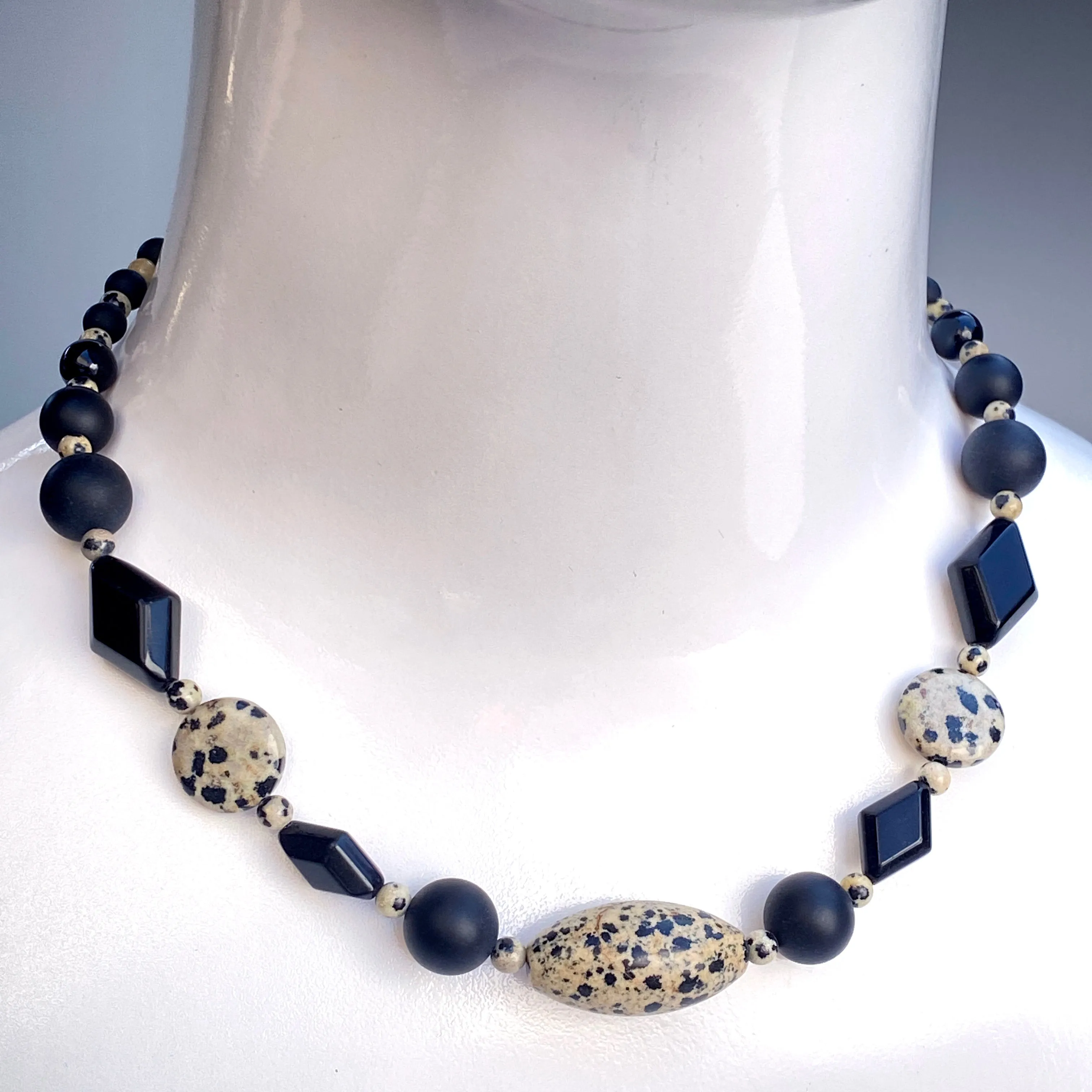 Dalmatian Jasper gemstone, Onyx, and Oxidized Sterling Silver Men’s Necklace