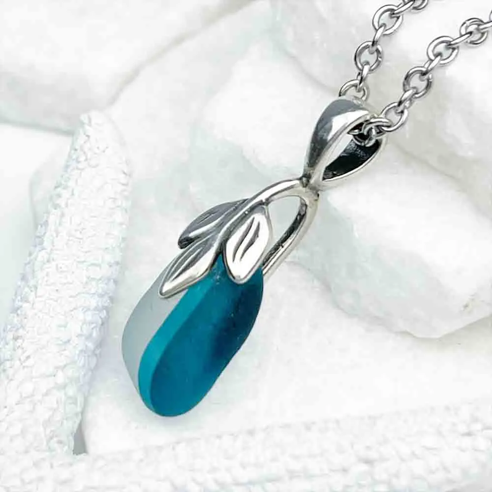 Deep to Bright Turquoise and Crystal Clear English Multi Sea Glass Pendant with a Mermaid Tail Bail  | #1960