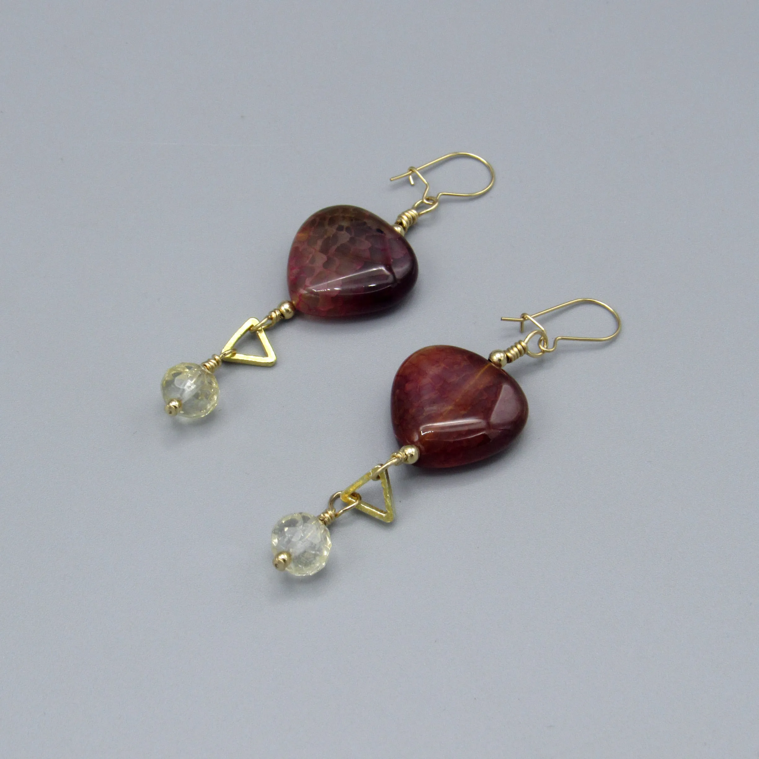 Dragon’s Vein Agate Gemstone, Citrine, Gold Vermeil, 14 kt gf, Drop Earrings