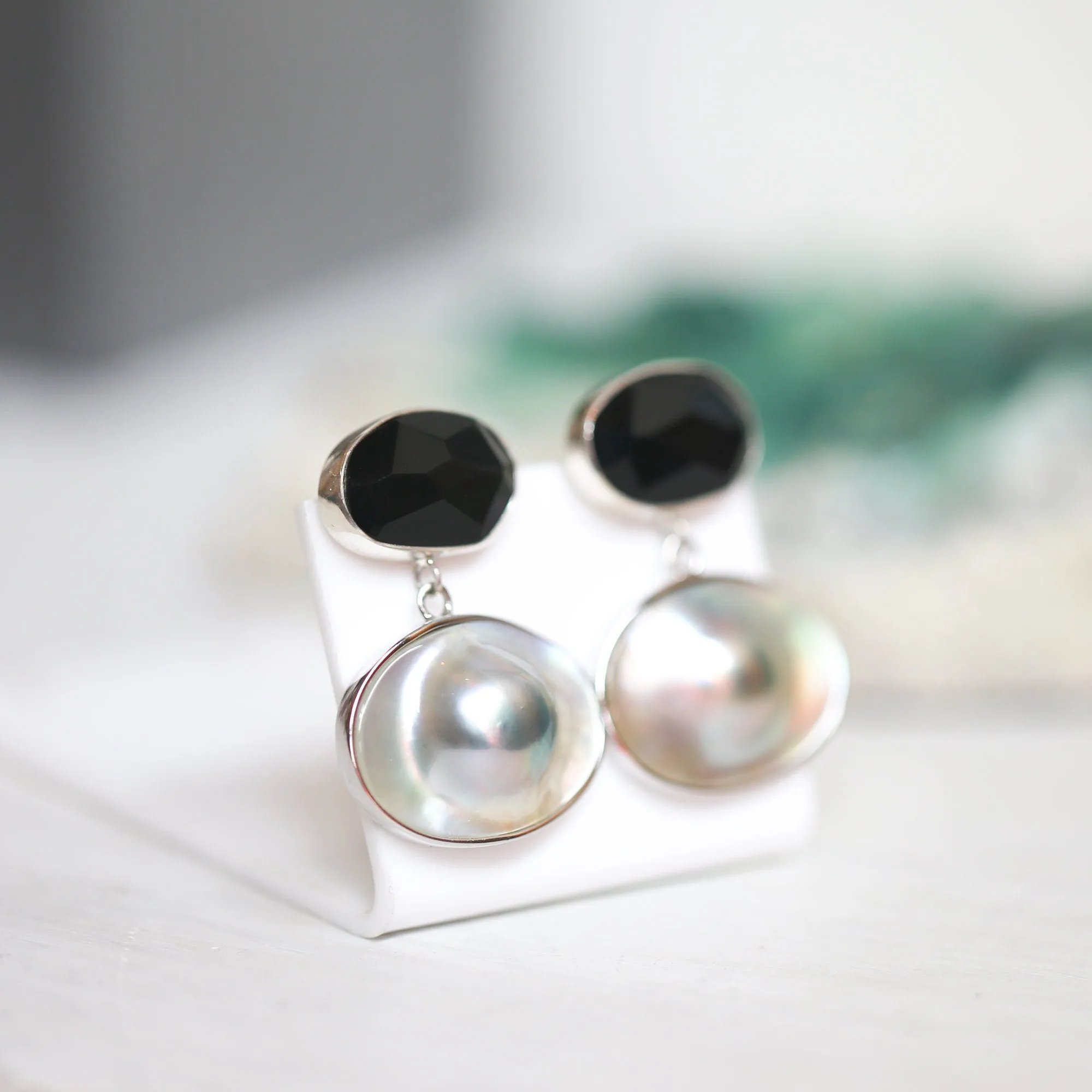 Elegant Black Rainbow Obsidian and Blister Pearl Earrings - Silversmith Post Earrings