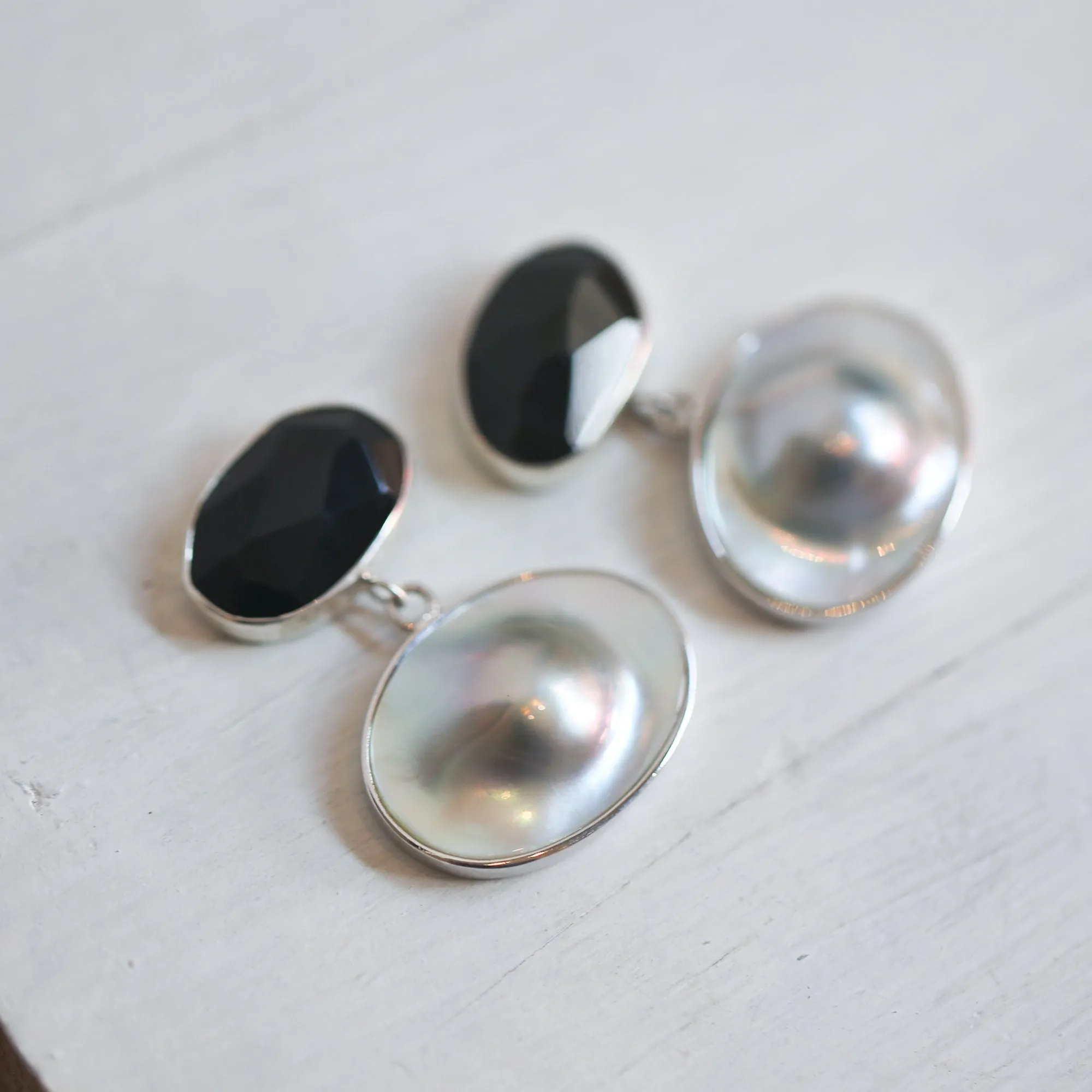 Elegant Black Rainbow Obsidian and Blister Pearl Earrings - Silversmith Post Earrings