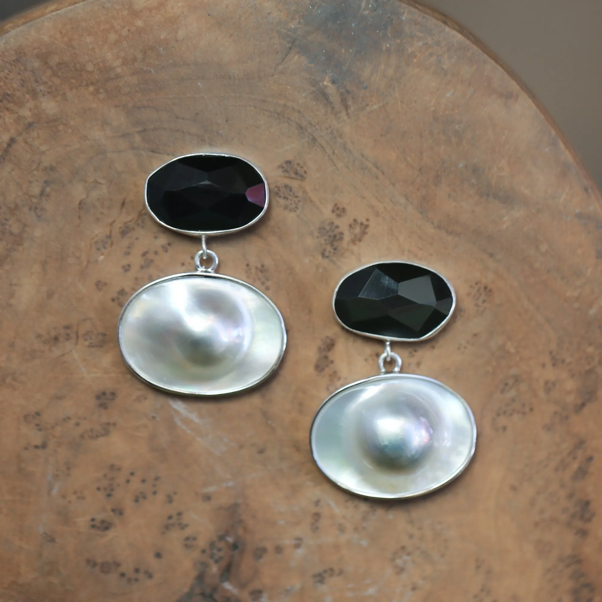 Elegant Black Rainbow Obsidian and Blister Pearl Earrings - Silversmith Post Earrings