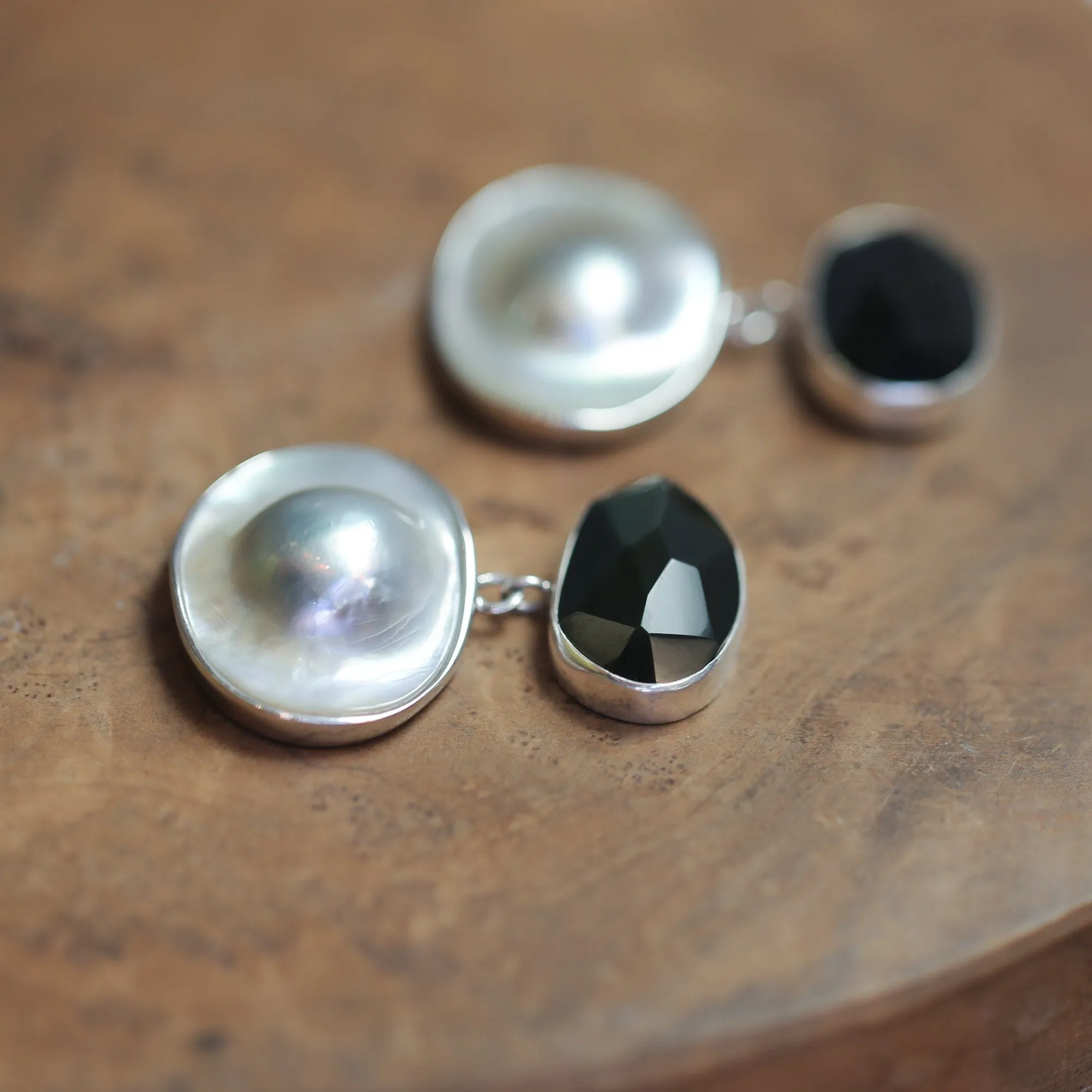 Elegant Black Rainbow Obsidian and Blister Pearl Earrings - Silversmith Post Earrings