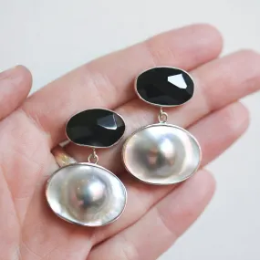 Elegant Black Rainbow Obsidian and Blister Pearl Earrings - Silversmith Post Earrings