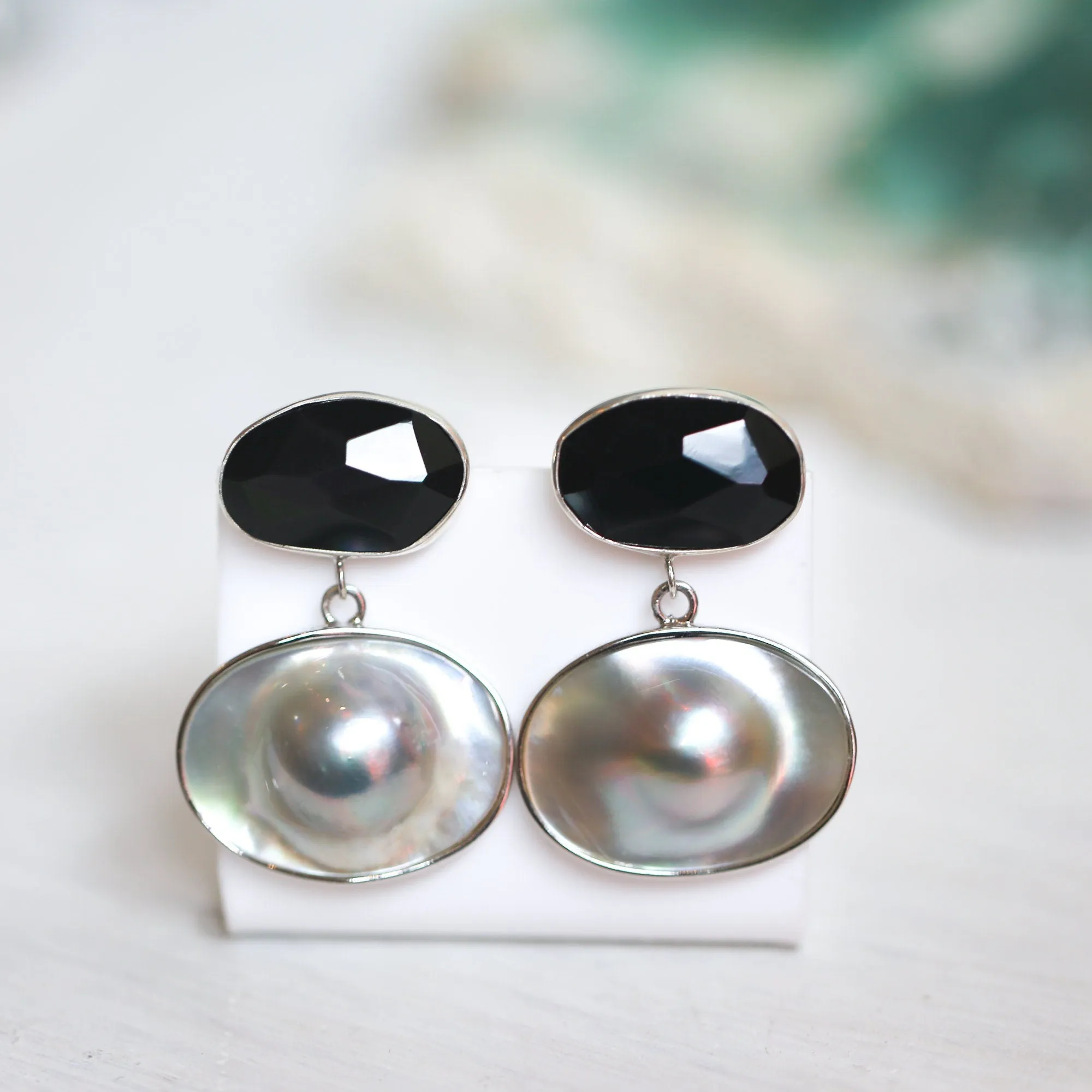 Elegant Black Rainbow Obsidian and Blister Pearl Earrings - Silversmith Post Earrings