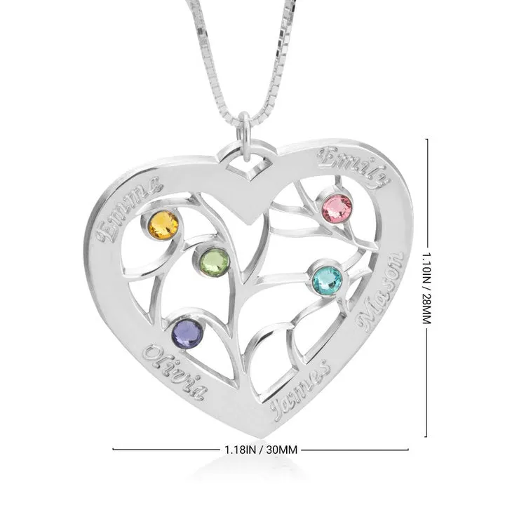 Engraved Heart Family Tree Birthstone Necklace