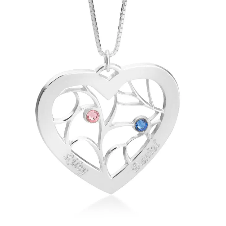 Engraved Heart Family Tree Birthstone Necklace