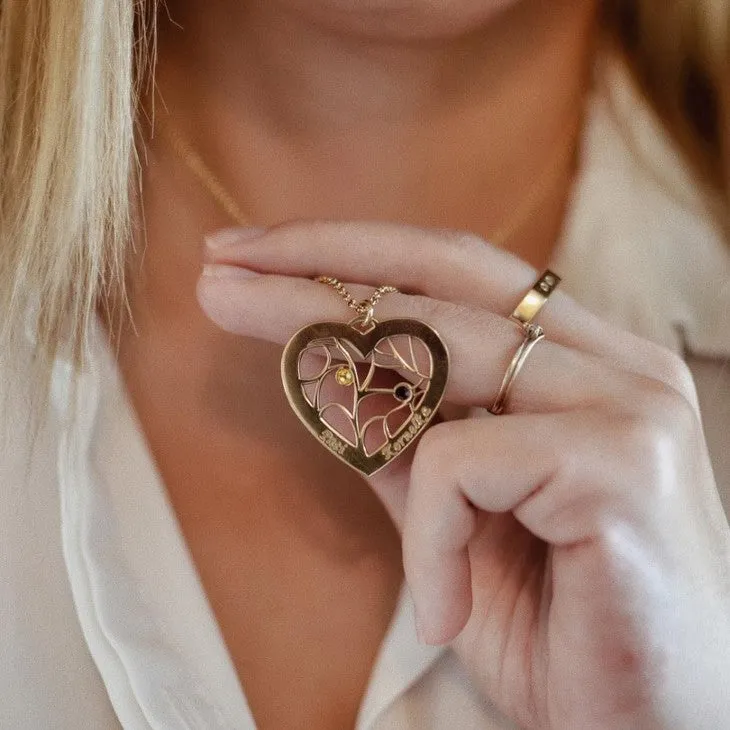 Engraved Heart Family Tree Birthstone Necklace