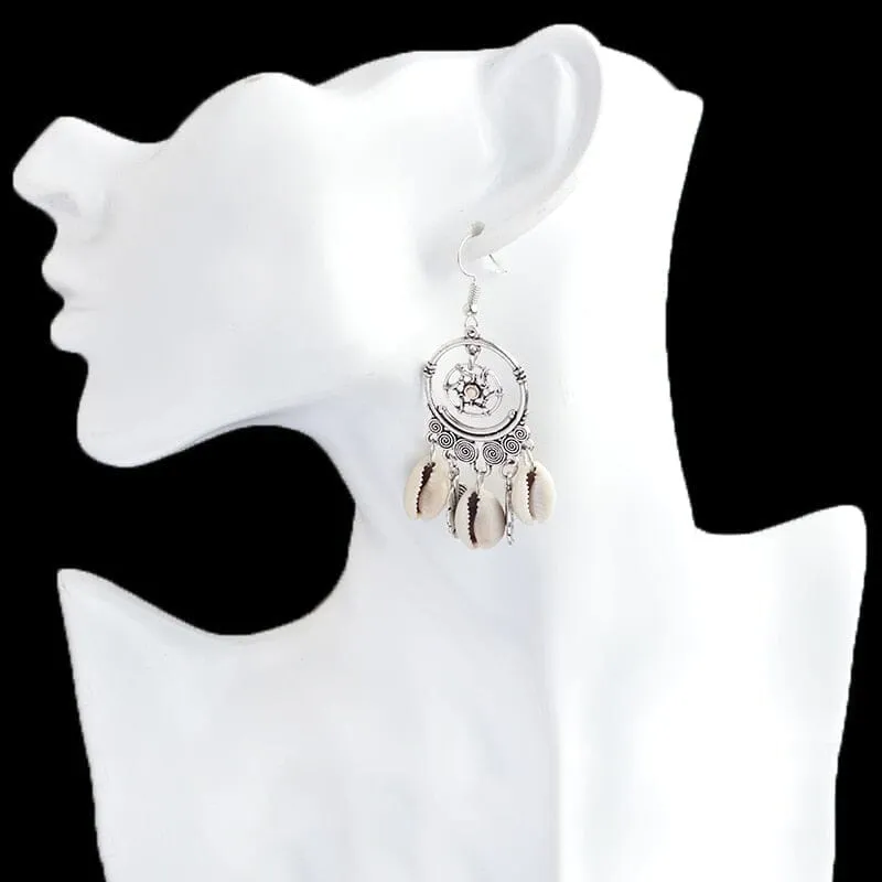 Ethnic Charm Dreamcatcher Puka Shell Drop Earrings