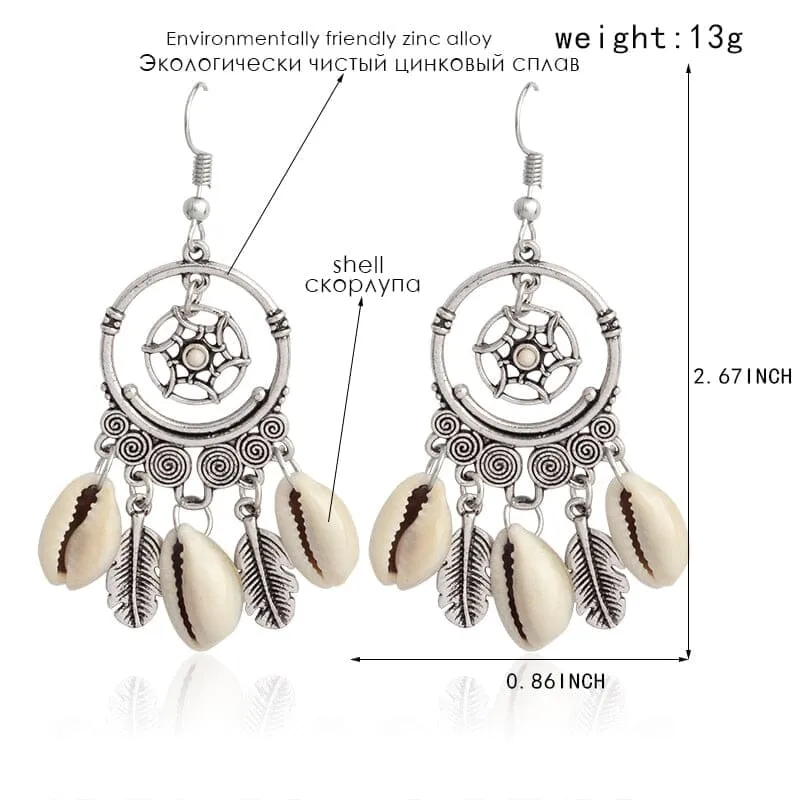 Ethnic Charm Dreamcatcher Puka Shell Drop Earrings