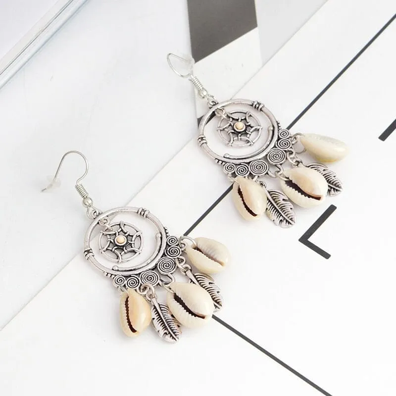 Ethnic Charm Dreamcatcher Puka Shell Drop Earrings