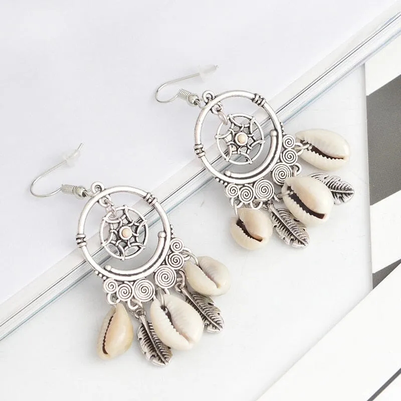 Ethnic Charm Dreamcatcher Puka Shell Drop Earrings