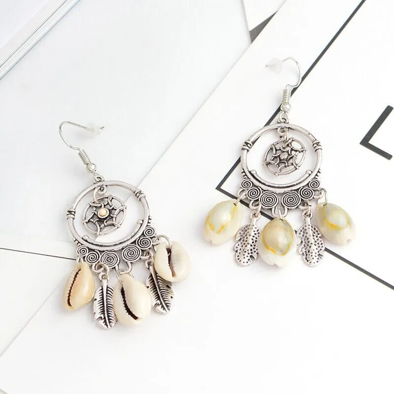 Ethnic Charm Dreamcatcher Puka Shell Drop Earrings