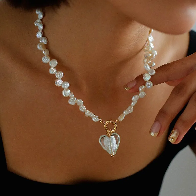 Flower Baroque Pearls Heart Pendant Necklace