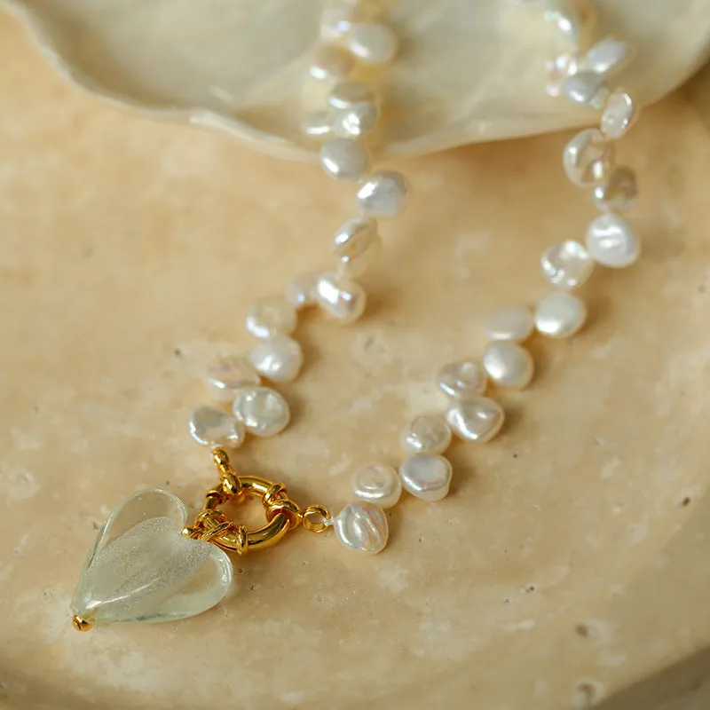 Flower Baroque Pearls Heart Pendant Necklace