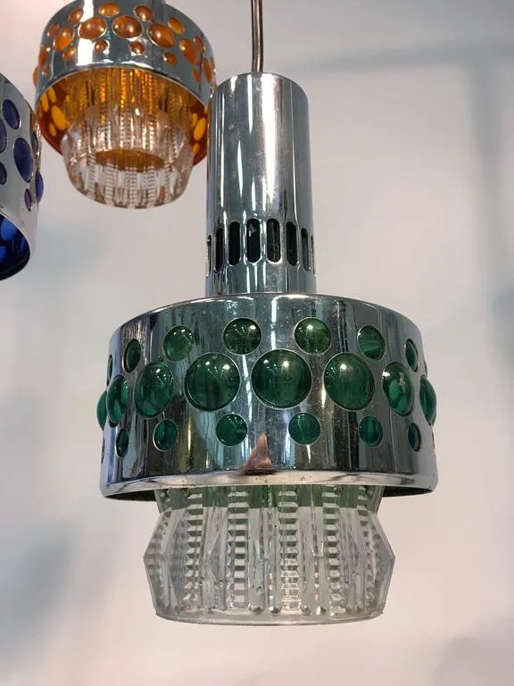 Fontana Arte Style Italian Modernist Blue, Green & Yellow Glass Pendant Fixture