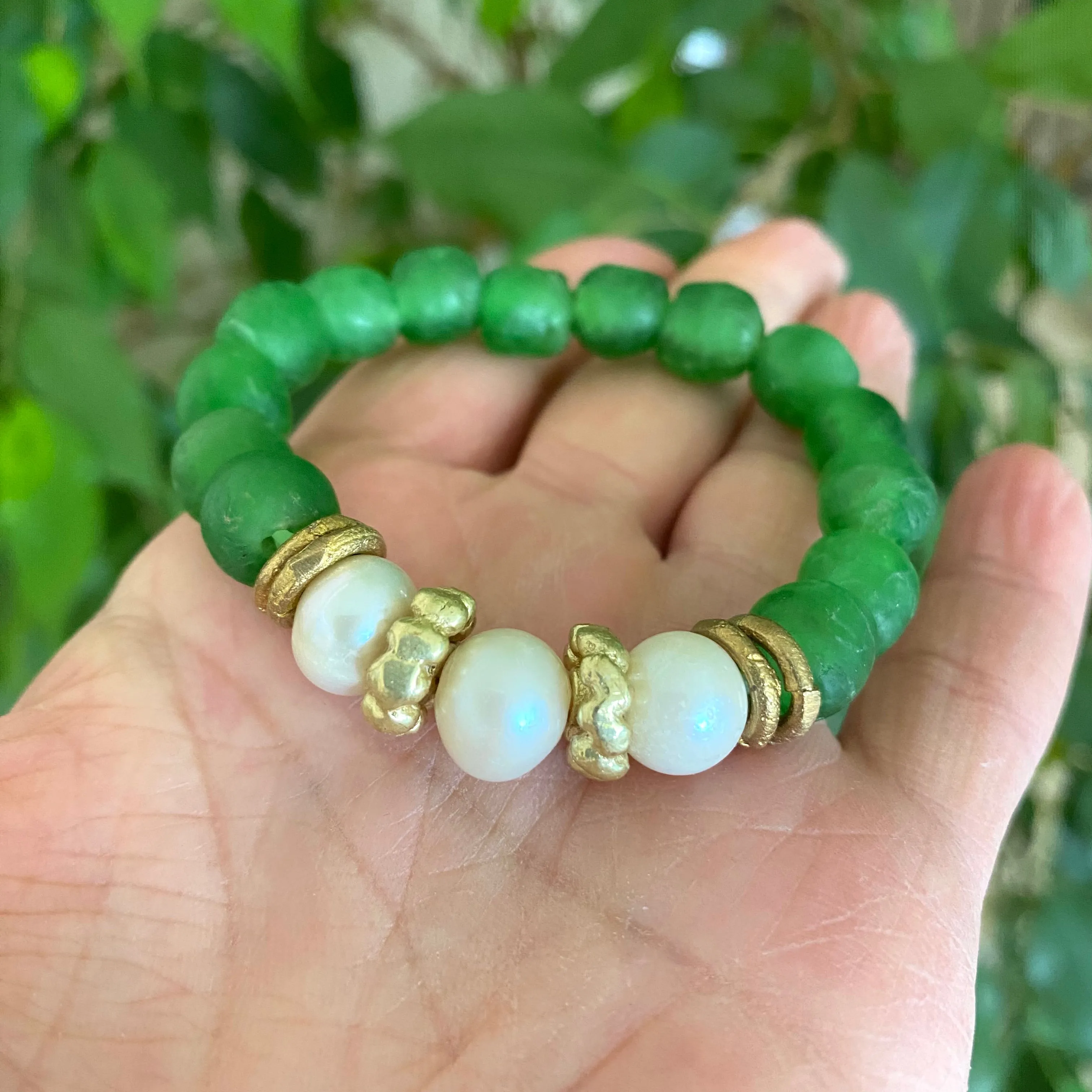 Freshwater Pearl Bracelet, Green African Tribal Recycled Glass, Sea Glass Chunky Bracelet