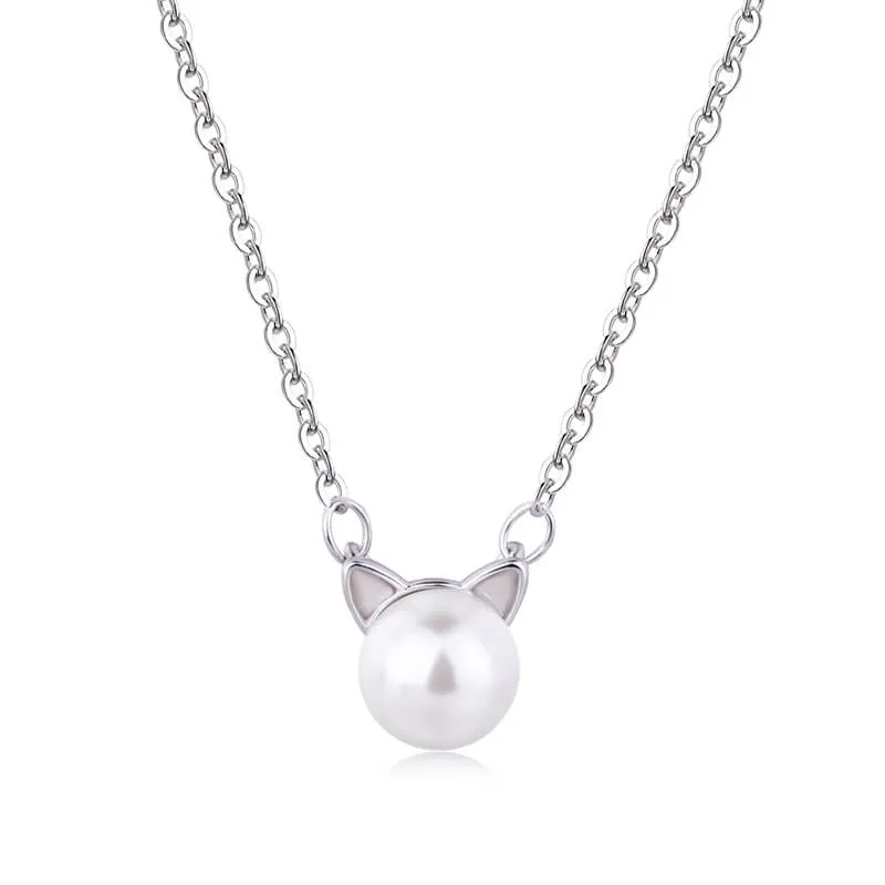 Freshwater Pearl Cat Necklace in Solid 925 Sterling Silver