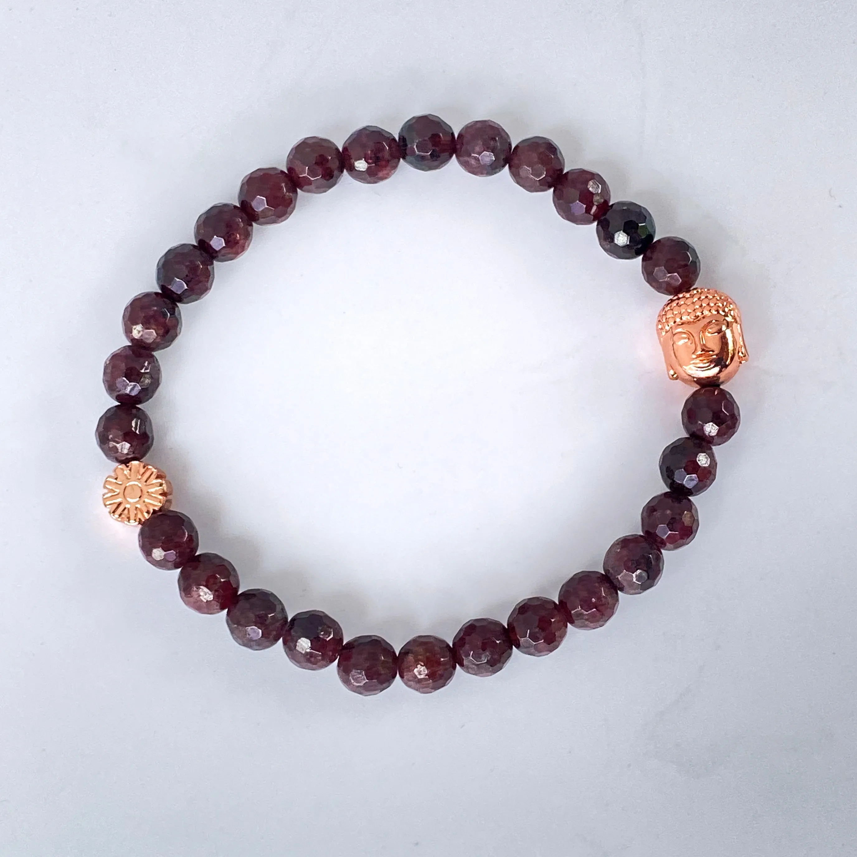 Garnet and Hematite Buddha Beaded Stretch Bracelet