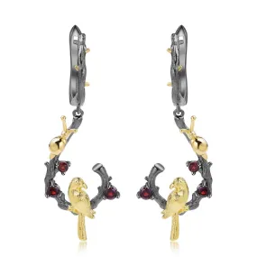 Garnet Dangling Bird Earrings