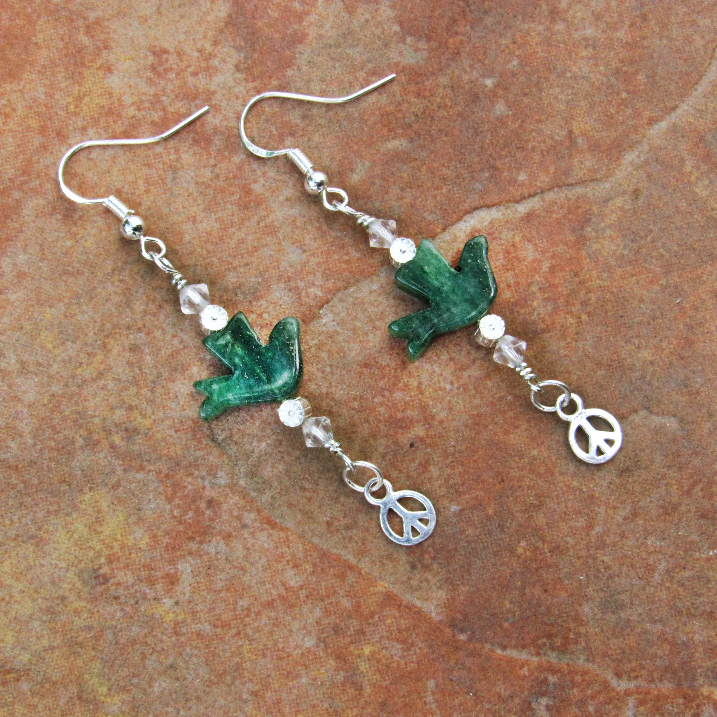 Gemstone Dove Sterling Silver Peace Sign Drop Earrings