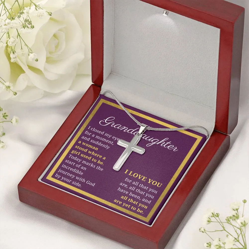 Gift For Granddaughter, Confirmation or Baptism Journey With God Stainless Steel Cross Necklace