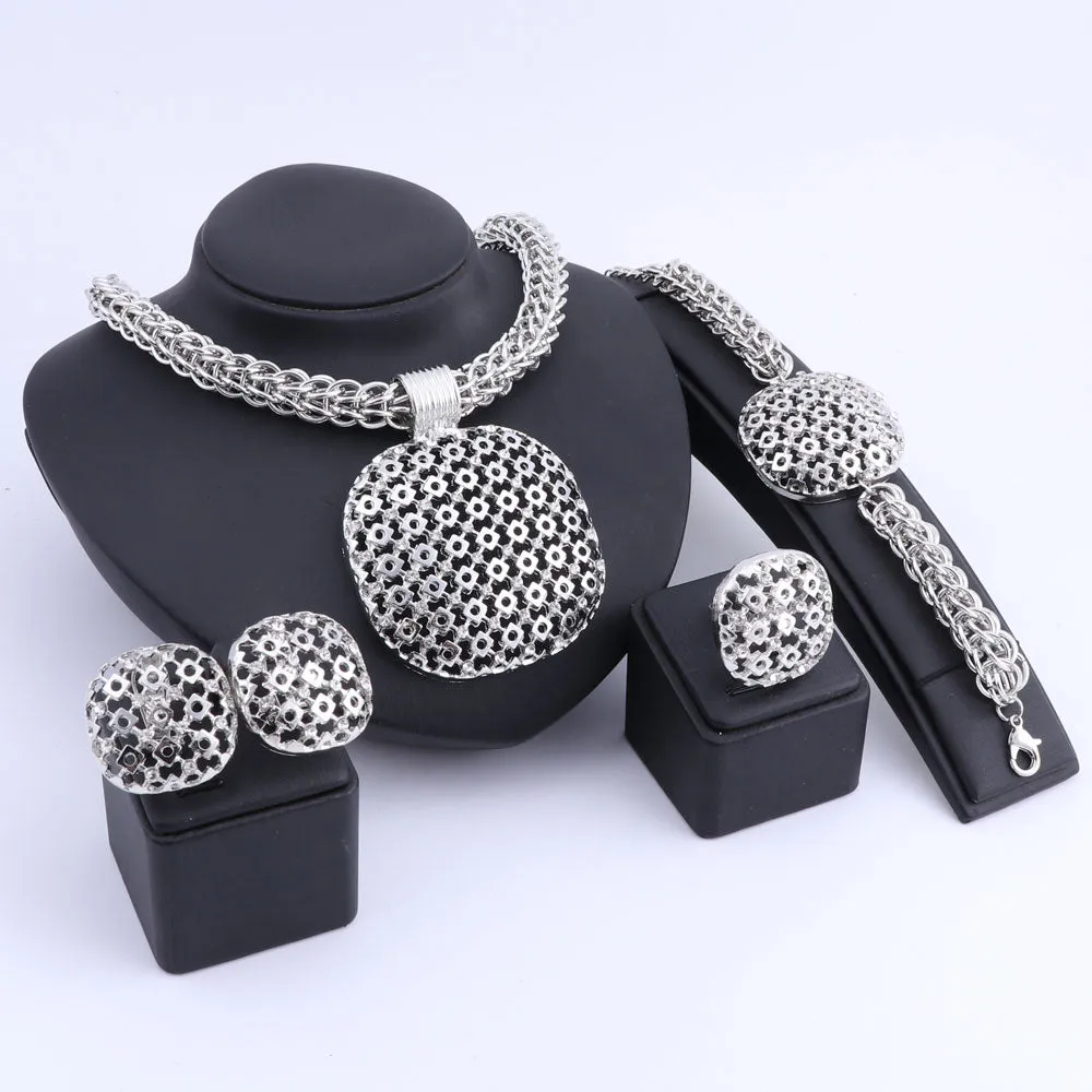 Gold/Silver-Plated Square Pendant Necklace, Bracelet, Earrings & Ring Wedding Jewelry Set