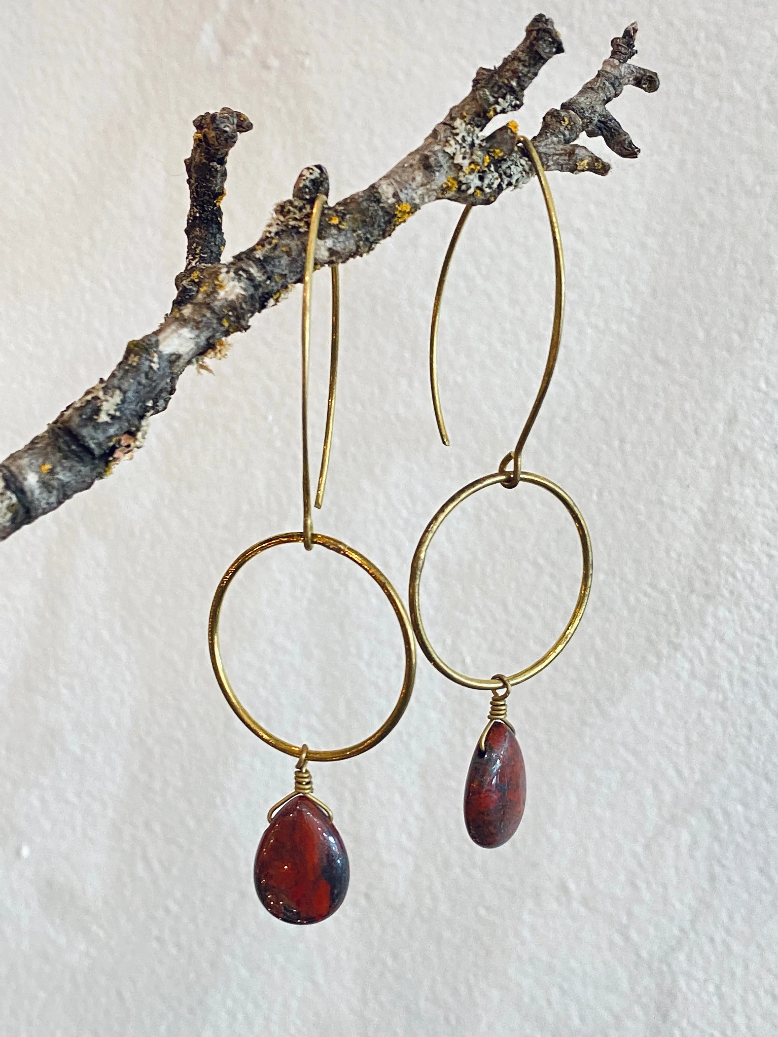 Handmade Open Circle Lond Drop With Semi-precious Stone Earrings